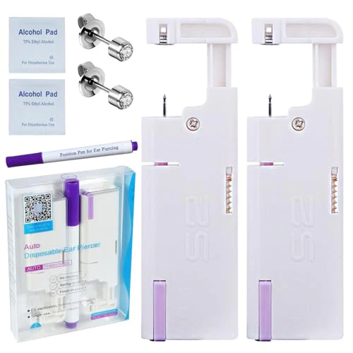 2PCS Disposable Ear Piercing Kit Ear Piercing Gun Self Use Ear Piercings Kit Cartilage Piercing Gun with Hypoallergenic Earrings(3mm,Silver)