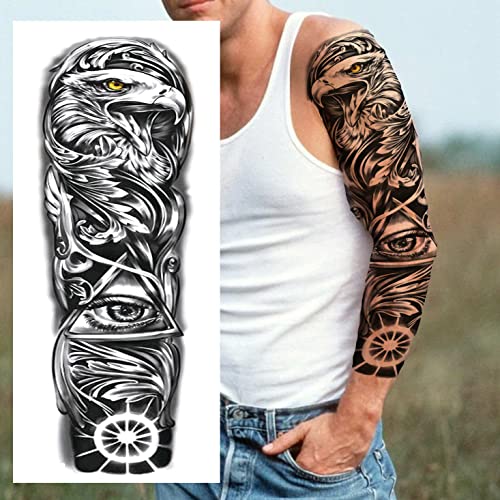 FANRUI 24 Sheets Cool Super Large Full Arm Temporary Tattoo Sleeve For Men with 8 Sheets For Women Thigh, 16 Sheets Flower Eagle Compass Adults Tribal Tiger Tatoo - Image 3