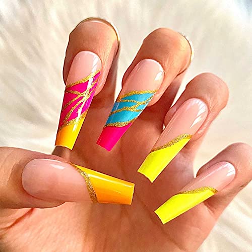 Long Fake Nails Tips - Coffin Luxury Press on Nails Pink Acrylic Ballerina Reusable False Nails for Women and Girls 24Pcs - Image 4