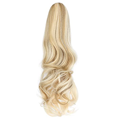 FELENDY Ponytail Extension Claw 18" 20" Curly Wavy Straight Clip in Hairpiece One Piece A Jaw Long Pony Tails for Women Ash Blonde Mix Light Bleach Blonde - Image 2