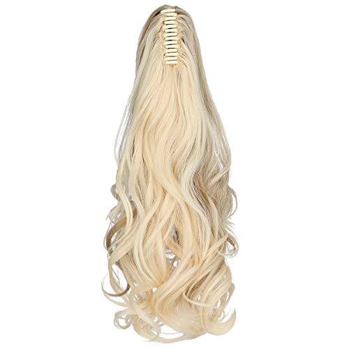 FELENDY Ponytail Extension Claw 18" 20" Curly Wavy Straight Clip in Hairpiece One Piece A Jaw Long Pony Tails for Women Ash Blonde Mix Light Bleach Blonde - Image 3