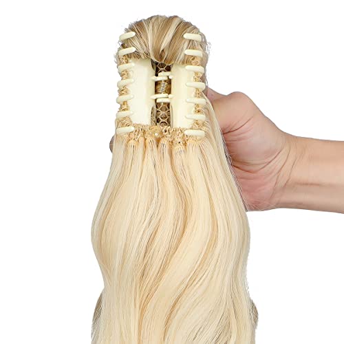 FELENDY Ponytail Extension Claw 18" 20" Curly Wavy Straight Clip in Hairpiece One Piece A Jaw Long Pony Tails for Women Ash Blonde Mix Light Bleach Blonde - Image 4
