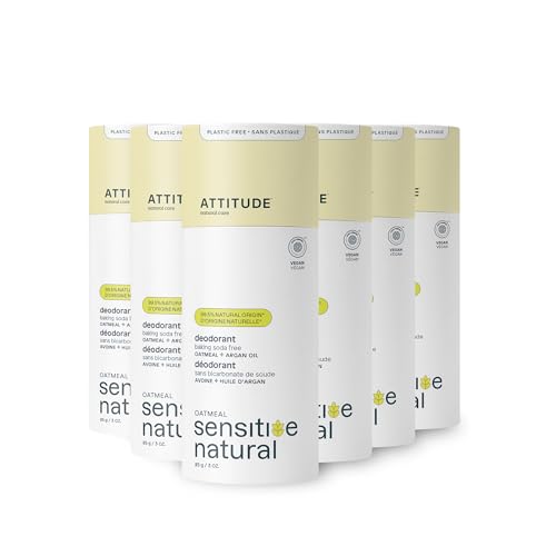ATTITUDE Baking Soda Free Deodorant for Sensitive Skin with Oatmeal and Argan Oil, EWG Verified, Aluminum Free, Plastic-Free, 3 Ounces (Pack of 6)