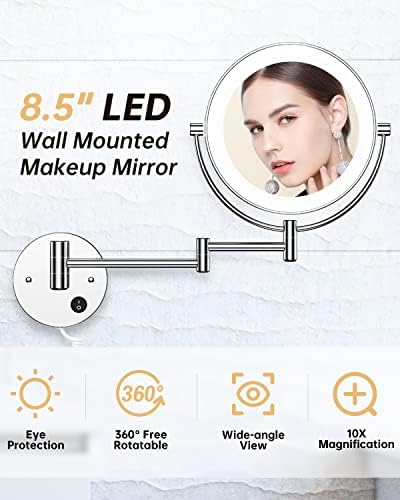 Gospire 8.5" Wall Mounted Lighted Magnifying Mirror, 1X/10X Double-Sided Magnification Round LED Cosmetic Vanity Bathroom Mirror Extendable Arm 360° Swivel for Shaving Makeup - Image 6
