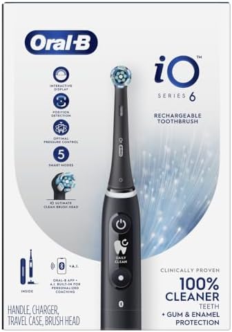 Oral-B iO Series 6 Rechargeable Electric Toothbrush with Visible Pressure Sensor to Protect Gums, 2 Minute Timer, 5 Cleaning Settings, 1 Replacement Toothbrush Head, and Travel Case, Black - Image 9