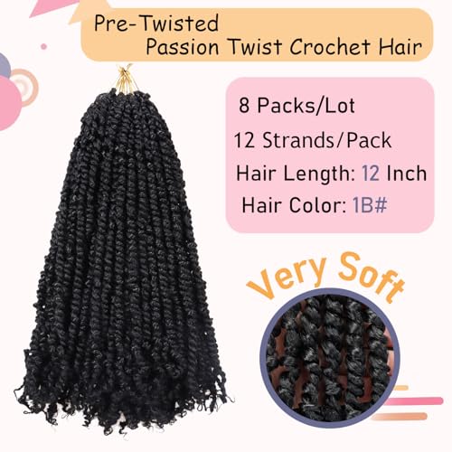 8 Packs Passion Twist Hair 12 Inch Pre-twisted Passion Twist Crochet Hair Pre-looped Crochet Braids Hair for Women Passion Twists Braiding Hair Synthetic Hair Extensions (12Strands/Pack; 1B#) - Image 3
