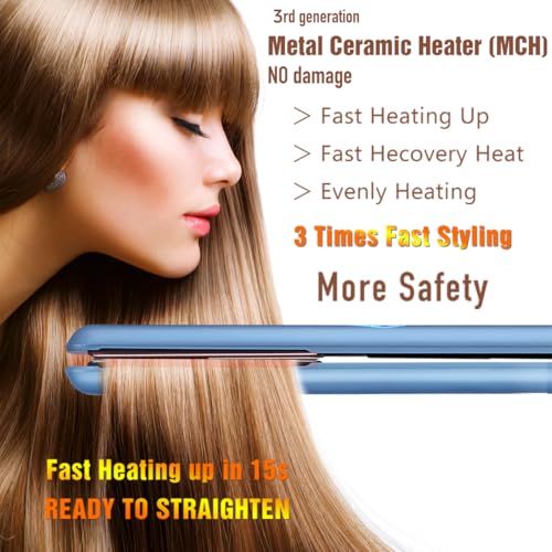 NITION Nano Titanium Hair Straightener 1" Heating Plate Smooth Straightening Flat Iron for Hair. LCD 265-450°F Adjustable for All Hair Type. Travel Pouch Bag Included. MCH Fast Heating Up. Blue - Image 2