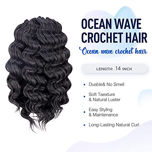 ToyoTree Ocean Wave Crochet Hair - 14 Inch 8 Packs Natural Black Mid-Length Curly Deep Wave Crochet Hair, Synthetic Ocean Wave Braiding Hair Extensions (14 Inch,1B-8P) - Image 2