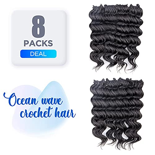 ToyoTree Ocean Wave Crochet Hair - 14 Inch 8 Packs Natural Black Mid-Length Curly Deep Wave Crochet Hair, Synthetic Ocean Wave Braiding Hair Extensions (14 Inch,1B-8P) - Image 5