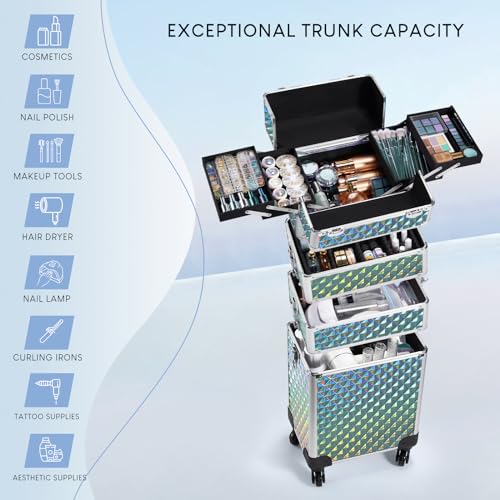 Stagiant Rolling Makeup Train Case Large Storage Cosmetic Trolley 4 in 1 Large Capacity Trolley Makeup Travel Case with Key Swivel Wheels Salon Barber Case Traveling Cart Trunk - Image 2