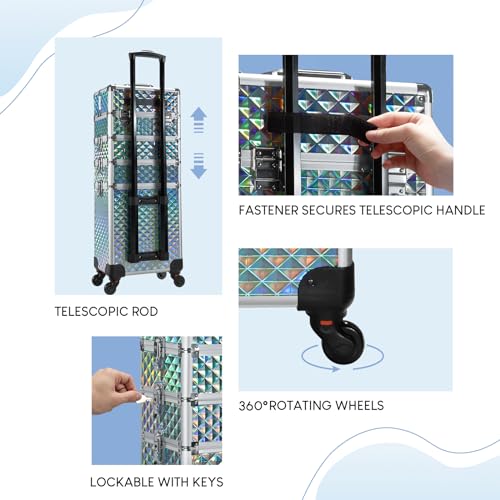 Stagiant Rolling Makeup Train Case Large Storage Cosmetic Trolley 4 in 1 Large Capacity Trolley Makeup Travel Case with Key Swivel Wheels Salon Barber Case Traveling Cart Trunk - Image 4