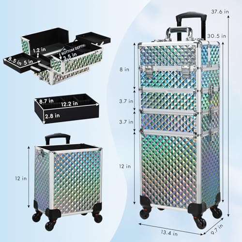 Stagiant Rolling Makeup Train Case Large Storage Cosmetic Trolley 4 in 1 Large Capacity Trolley Makeup Travel Case with Key Swivel Wheels Salon Barber Case Traveling Cart Trunk - Image 5