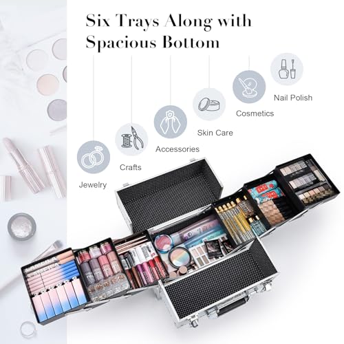 FRENESSA Makeup Case Cosmetic Organizer Case Extra Large 12 Inch 6 Trays Portable Makeup Organizer Case Make Up Carrying Box with Lockable for Esthetician Nail Students Craft Travel Glitter Silver - Image 3