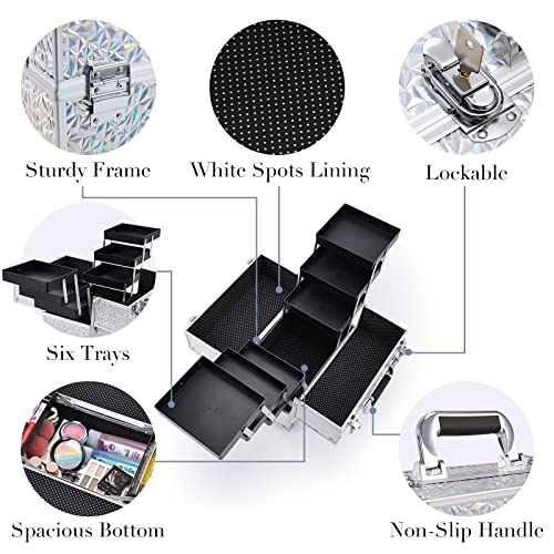 FRENESSA Makeup Case Cosmetic Organizer Case Extra Large 12 Inch 6 Trays Portable Makeup Organizer Case Make Up Carrying Box with Lockable for Esthetician Nail Students Craft Travel Glitter Silver - Image 4