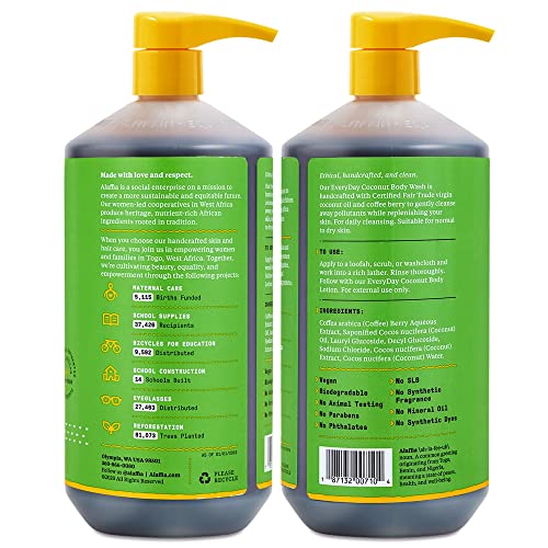 Alaffia Sensitive Skin Body Wash Pack, Everyday Coconut Body Wash for Men & Women, Natural Body Wash with Plant Based Ingredients, Coconut Oil, Coffee, Vitamin E, Purely Coconut (2 Pack-32 Fl Oz Ea) - Image 2