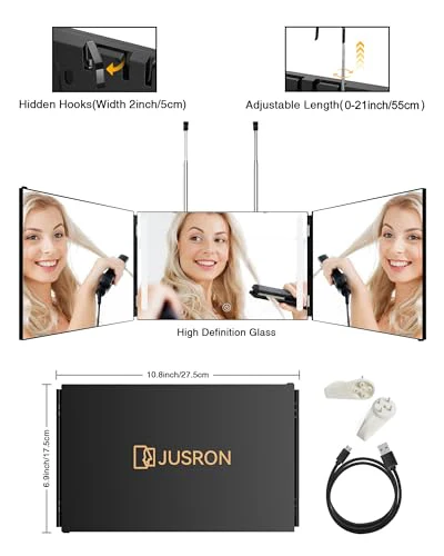 JUSRON 360 Viewing Angle Self Hair Cutting Mirror, Clear Anti-Fog HD Glass, USB Rechargeable, Easy to Use, Height Adjustable, Portable, Good Choice for Gifts - Image 4