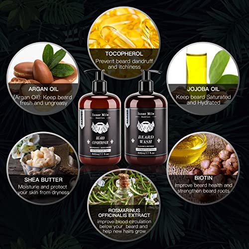 ISNER MILE Beard Wash and Conditioner Set 17 oz New Formula with Biotin Argan & Jojoba Oils Smooth Soften Strengthen Shampoo with Oil Gifts for Men - Image 3