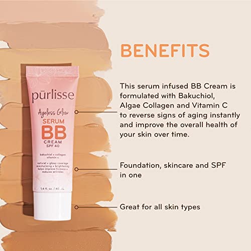 pūrlisse Ageless Glow Serum BB Cream SPF 40 : Clean & Cruelty-Free, Full & Flawless Coverage, Hydrates with Collagen | Medium 1.4oz - Image 5