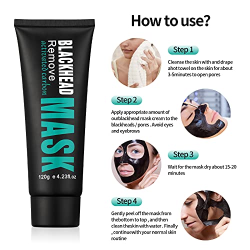 Peel Off Face Mask Blackhead Whiteheads Remover Masks Activated Charcoal Black Mask Purifying Peeling Facial Mask for Nose Pores Removal Reducing Cleansing Acne with Brush and Pimple Extractor Tools - Image 4