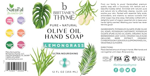 Brittanie's Thyme Organic Natural Hand Soap - 12 oz, Pack of 3 (Lemongrass) Castile Soap Made Olive Oil And Natural Luxurious Essential Oils. Vegan & Gluten Free - Image 2