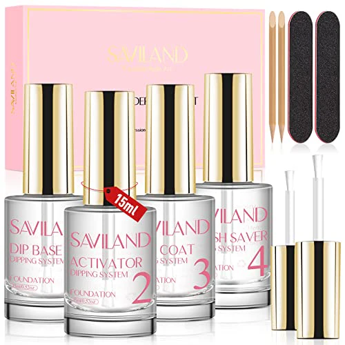 SAVILAND Dip Powder Liquid Set 15 ml/0.5 oz,10 Pcs Nail Dip Liquid Set with Base/Top Coat, Activator Brush Saver Acrylic Gel Dip Nail File Dip Nail Liquid Set No Curing Needed DIY Home Salon Quality