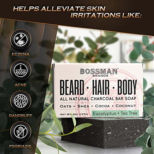 6 Pack Bossman Mens Bar Soap 4-in-1 All Natural Organic Beard Wash, Shampoo, Body Wash, Shaving and Bath Soap - Essential Beard Care, Scent- Eucalyptus and Tea Tree - Image 4
