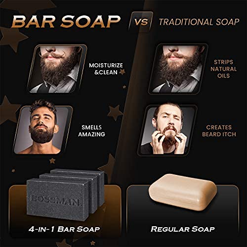 6 Pack Bossman Mens Bar Soap 4-in-1 All Natural Organic Beard Wash, Shampoo, Body Wash, Shaving and Bath Soap - Essential Beard Care, Scent- Eucalyptus and Tea Tree - Image 8