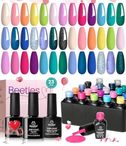 Beetles 23Pcs Gel Nail Polish Set with Base Gel Top Coat Spring Bright Colors, 2025 Valentine Gel Polish Kit Blue Pink Purple Orange Green Glitter Soak Off Uv Led Nail Gel Trendy Rainbow Nail Art