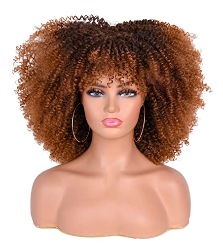 ANNISOUL 14Inch Short Curly Afro Wigs for Black Women Bomb Afro Kinky Curly Wig with Bangs Synthetic Fiber Full Wig(Black to Brown) - Image 2