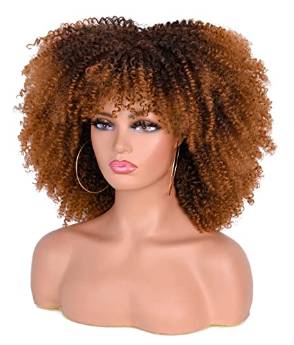 ANNISOUL 14Inch Short Curly Afro Wigs for Black Women Bomb Afro Kinky Curly Wig with Bangs Synthetic Fiber Full Wig(Black to Brown) - Image 4