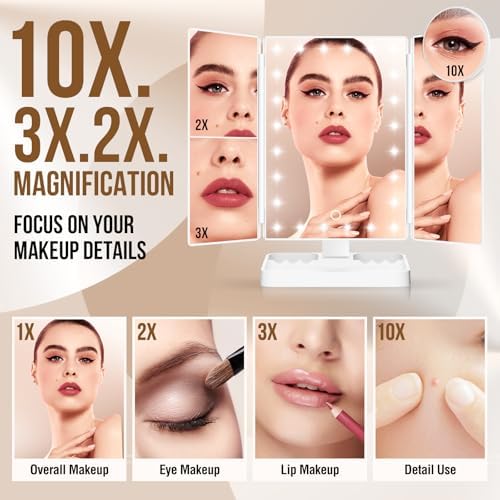 Wireless Rechargeable Lighted Makeup Mirror with 3 Color Lighting, 2000mAh Rechargeable Battery, 10x 3X 2X Magnification Mirror, 24 LED Mirror, 360 Degree Rotation, Gift for Woman (White) - Image 5