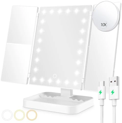 Wireless Rechargeable Lighted Makeup Mirror with 3 Color Lighting, 2000mAh Rechargeable Battery, 10x 3X 2X Magnification Mirror, 24 LED Mirror, 360 Degree Rotation, Gift for Woman (White) - Image 7