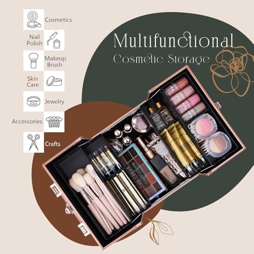 FRENESSA Makeup Train Case Cosmetic Box Portable Makeup Case Organizer 4 Trays Travel Case Storage with Dividers Lockable for Makeup Artist, Crafter, Makeup Tools Rose Gold Floral - Image 3