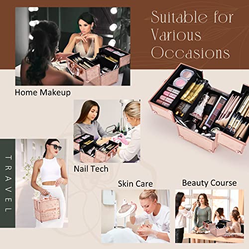 FRENESSA Makeup Train Case Cosmetic Box Portable Makeup Case Organizer 4 Trays Travel Case Storage with Dividers Lockable for Makeup Artist, Crafter, Makeup Tools Rose Gold Floral - Image 4