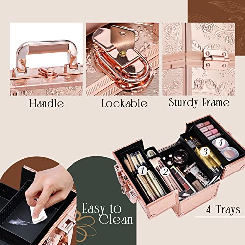 FRENESSA Makeup Train Case Cosmetic Box Portable Makeup Case Organizer 4 Trays Travel Case Storage with Dividers Lockable for Makeup Artist, Crafter, Makeup Tools Rose Gold Floral - Image 5