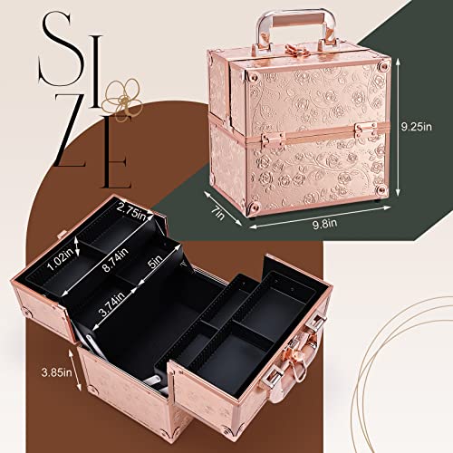 FRENESSA Makeup Train Case Cosmetic Box Portable Makeup Case Organizer 4 Trays Travel Case Storage with Dividers Lockable for Makeup Artist, Crafter, Makeup Tools Rose Gold Floral - Image 6