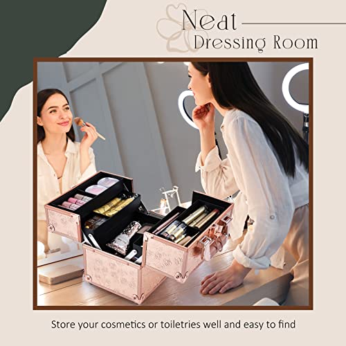 FRENESSA Makeup Train Case Cosmetic Box Portable Makeup Case Organizer 4 Trays Travel Case Storage with Dividers Lockable for Makeup Artist, Crafter, Makeup Tools Rose Gold Floral - Image 7