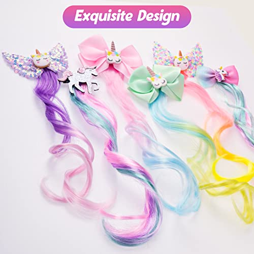 Little World Hair Clips for Girls - 6 Pcs Curly Clip in Hair Extensions with Cute Unicorn Bow - 13in Gradient Color Hair Clips for Girls Clip On for Toddler Kids Girls Ponytails Accessories - Image 3