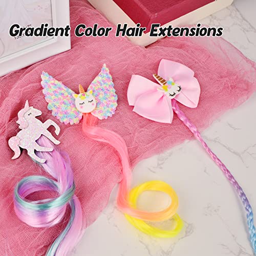 Little World Hair Clips for Girls - 6 Pcs Curly Clip in Hair Extensions with Cute Unicorn Bow - 13in Gradient Color Hair Clips for Girls Clip On for Toddler Kids Girls Ponytails Accessories - Image 4