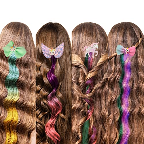Little World Hair Clips for Girls - 6 Pcs Curly Clip in Hair Extensions with Cute Unicorn Bow - 13in Gradient Color Hair Clips for Girls Clip On for Toddler Kids Girls Ponytails Accessories - Image 7