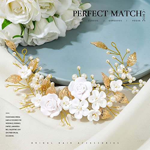 CASDRE Flower Bride Wedding Hair Vine Pearl Bridal Headpiece Leaf Hair Accessories Hair Piece for Women and Girls (B Gold) - Image 2