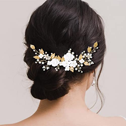 CASDRE Flower Bride Wedding Hair Vine Pearl Bridal Headpiece Leaf Hair Accessories Hair Piece for Women and Girls (B Gold) - Image 4