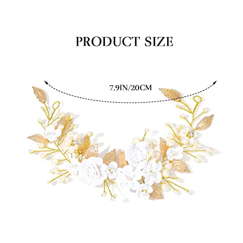 CASDRE Flower Bride Wedding Hair Vine Pearl Bridal Headpiece Leaf Hair Accessories Hair Piece for Women and Girls (B Gold) - Image 5