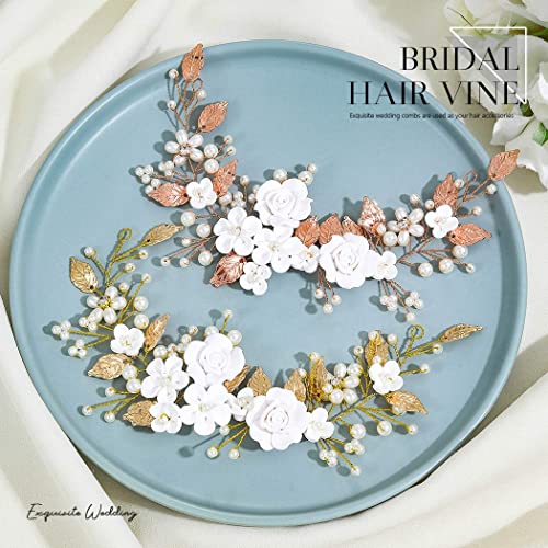 CASDRE Flower Bride Wedding Hair Vine Pearl Bridal Headpiece Leaf Hair Accessories Hair Piece for Women and Girls (B Gold) - Image 7