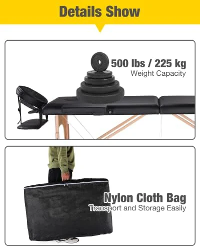 Professional Massage Table Portable Massage Bed for Spa Salon Tattoo Esthetician Lash Reiki, Adjustable Height 84" Long & 500 LBS Load Capacity, Black (2-Section) - Image 7