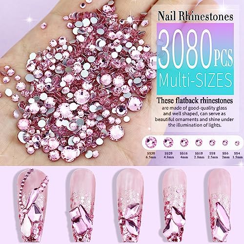 Dowarm 3200PCS Nail Art Rhinestones, Light Pink Flatback Rhinestones for Nails, Crafts, 12 Styles 3D Glass Crystal Nail Gems - Image 3