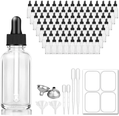 100 Pack, 1 oz Glass Dropper Bottle for Essential OIls, 30 ML Clear Empty Tincture Bottles with Dropper for Serum Hair Cuctile Body Oils Bulk for Storage
