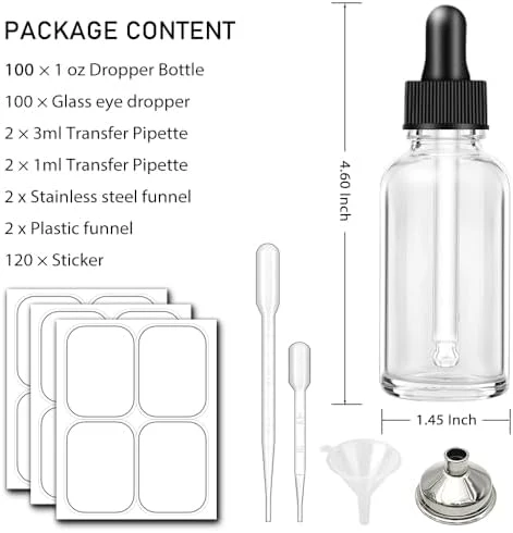 100 Pack, 1 oz Glass Dropper Bottle for Essential OIls, 30 ML Clear Empty Tincture Bottles with Dropper for Serum Hair Cuctile Body Oils Bulk for Storage - Image 6