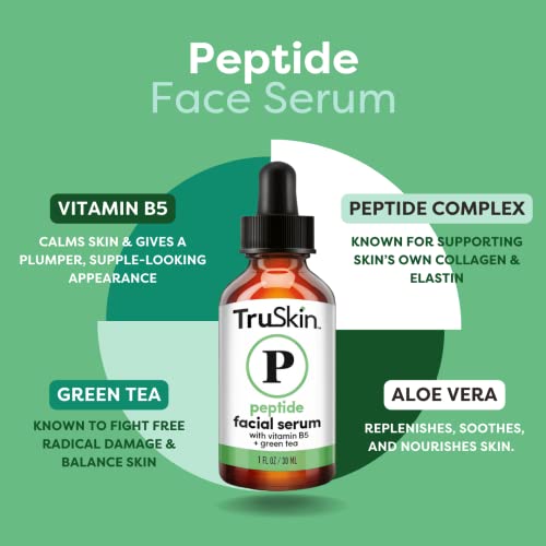 TruSkin Peptide Serum For Face – with Collagen Boosting Peptides, Amino Acids, Green Tea, Aloe and Vitamins B5 & E – Skin Barrier Support, Stronger and Firmer-Looking Skin, 1 fl oz - Image 3