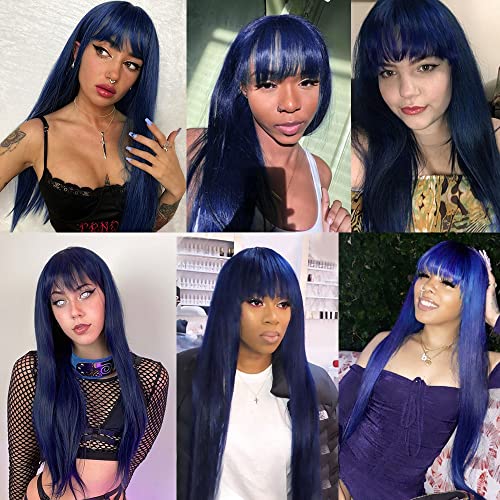 QD-Tizer Dark Blue Synthetic Hair Wigs with Full Bangs Blue Long Straight Women's Wig Heat Resistant Synthetic No Lace Wigs for Fashion Women 24 inch - Image 5
